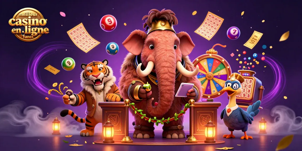 Illustration représentant le meilleur casino en ligne France avec un mammouth et des éléments de jeu, ambiance festive.