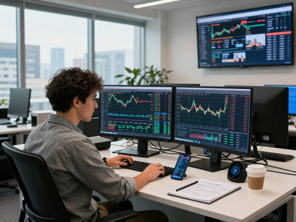TradingView charts displayed on multiple monitors in a modern trading office for finance analysis.