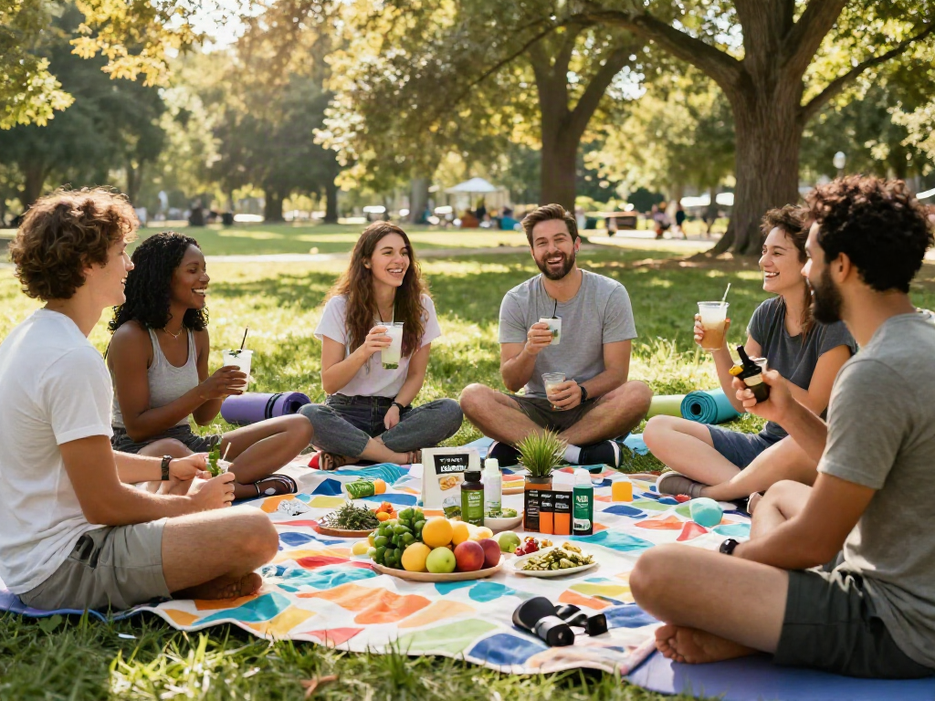 Outdoor gathering showcasing a trusted online dispensary that ships to all states with friends enjoying CBD drinks in a vibrant, natural setting.