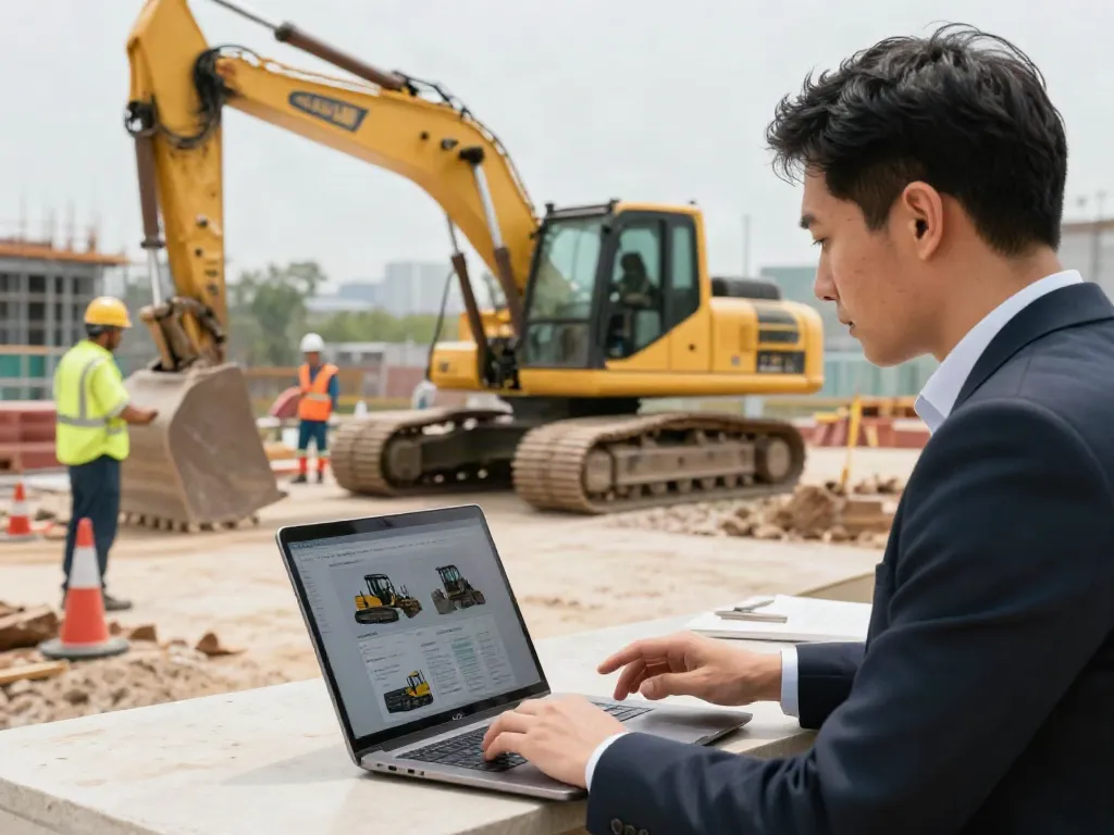 Finance broker consulting on Heavy Machinery Loans with client at a construction site.