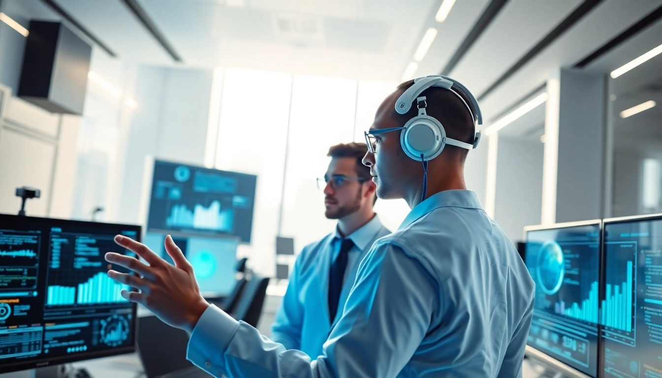 AI agents collaborating in a high-tech environment with digital interfaces and innovative design.