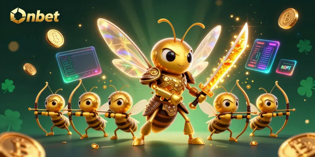 Join the action at Onbet with a vibrant 3D illustration showcasing gambling excitement and cryptocurrency elements.