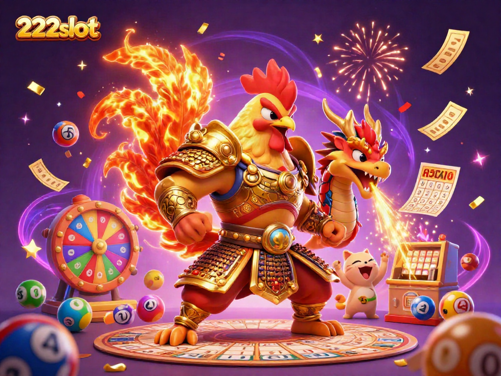 Mengalami keseruan di 222slot dengan simbol perjudian dan karakter menarik bersamaan dengan bola lotere berwarna-warni.