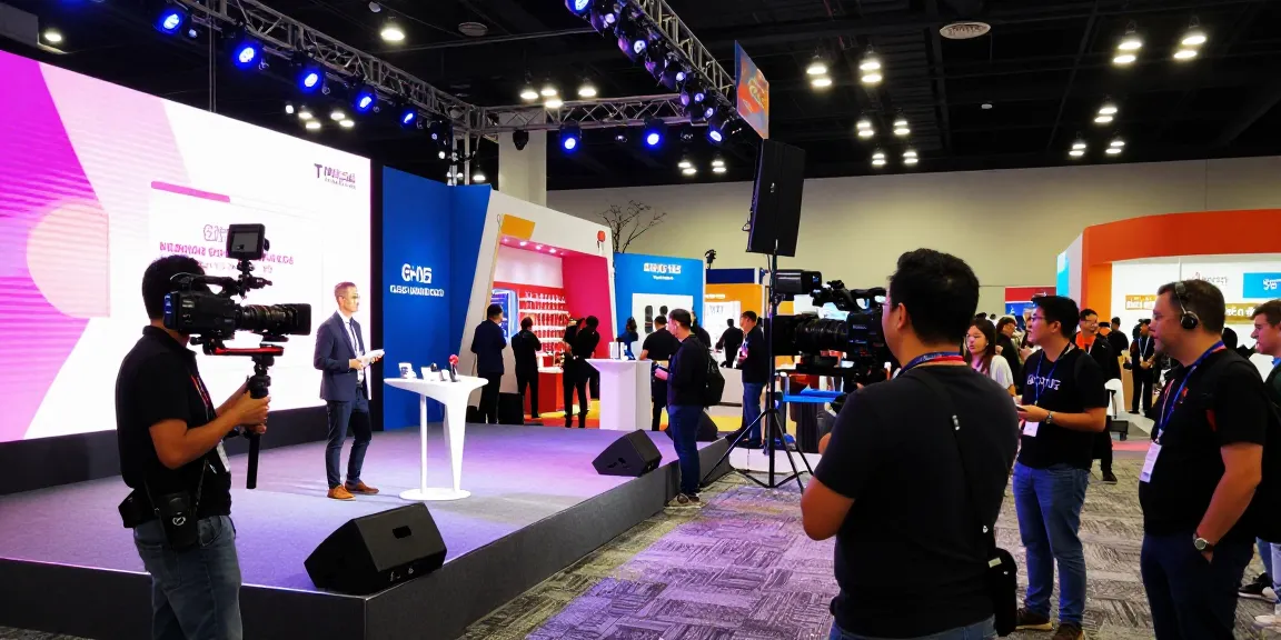 Professional capturing trade show videography Los Angeles, California with vibrant audience and displays.