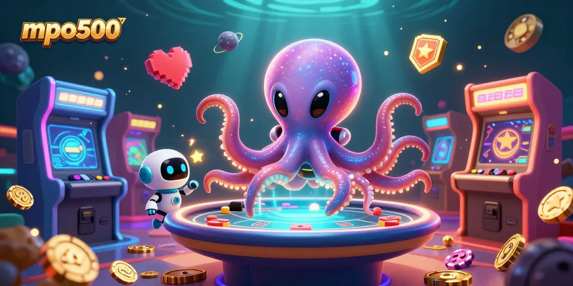 Play dynamic games with mpo500, showcasing an octopus at a holographic table amidst vibrant casino elements.