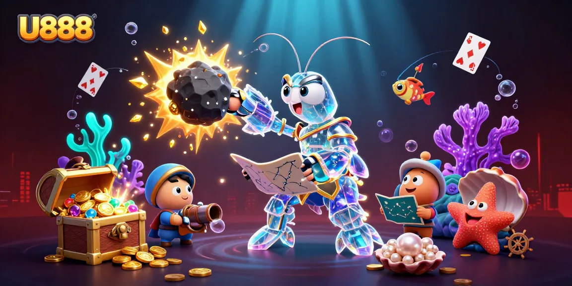 Experience epic wins with U888 in this vibrant 3D illustration depicting an adventurous underwater casino theme.