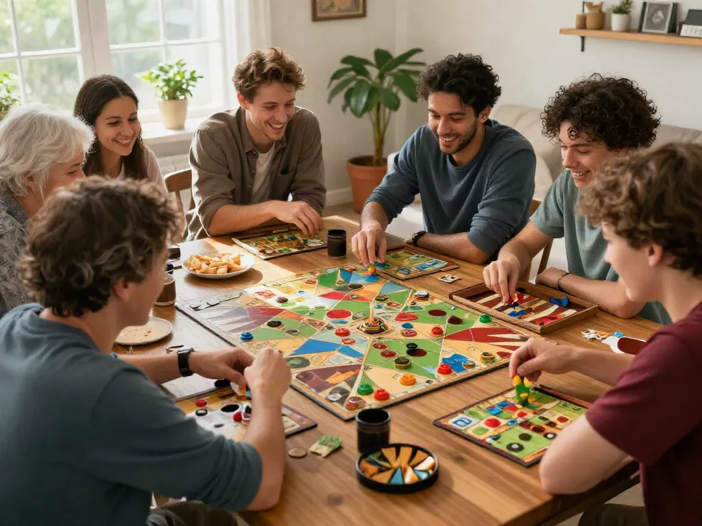 Engaged family enjoying board games like Sling Puck and Catan