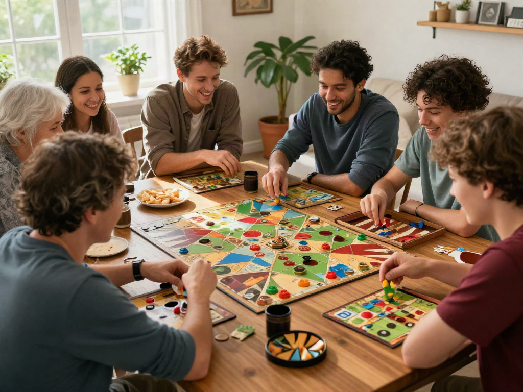 Engaged family enjoying board games like Sling Puck and Catan