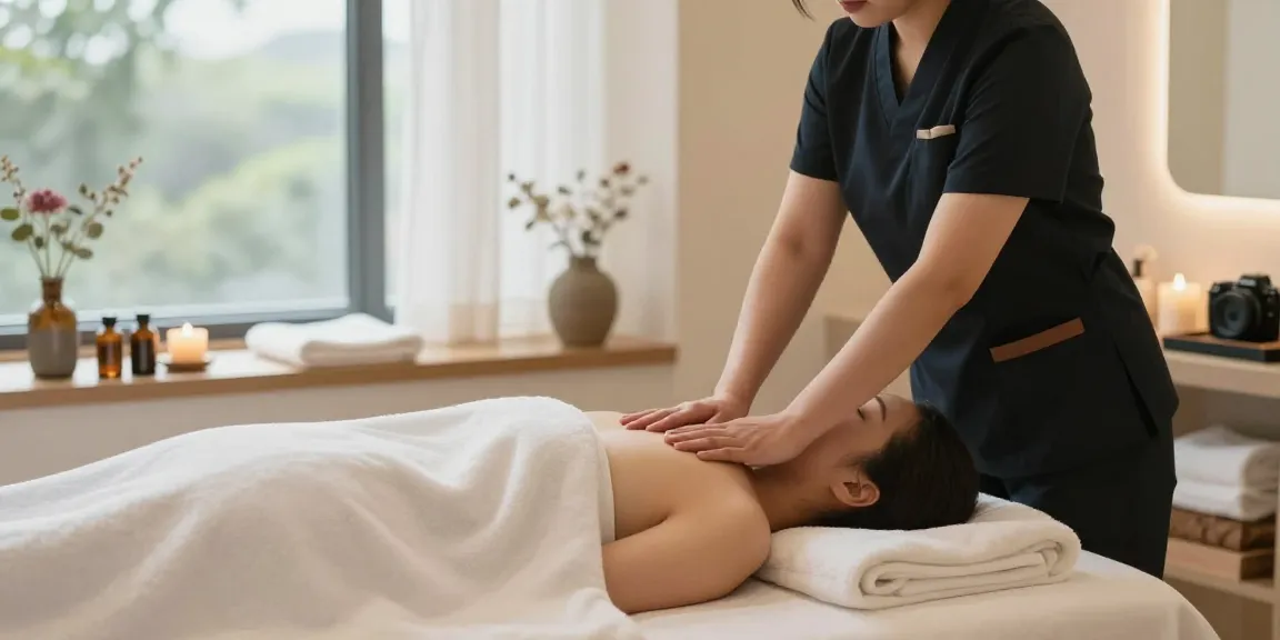 Professional therapist providing 출장안마 in a serene spa environment.