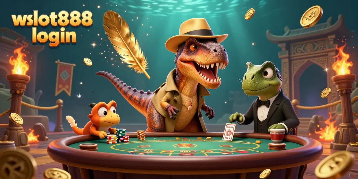 Menggancang wslot888 login dengan velociraptor bermain blackjack di arena berhiaskan efek berapi dan emas.