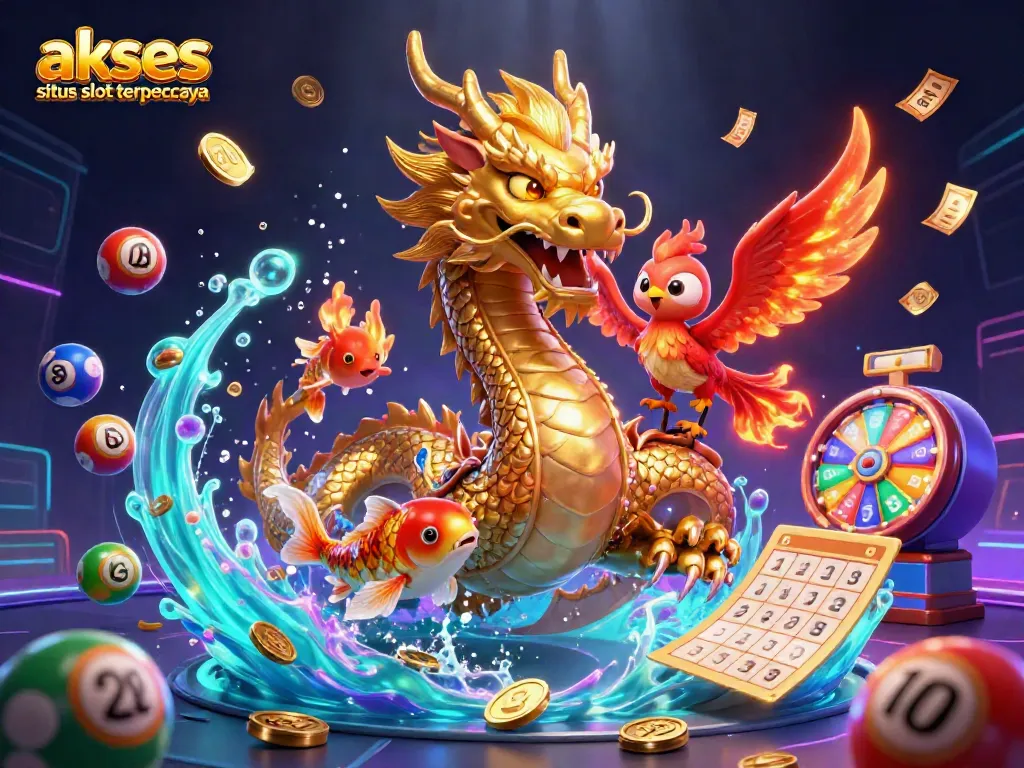 Mengakses situs slot terpercaya dengan karakter naga emas dan ikan koi yang melambung di antara bola lotere berwarna.