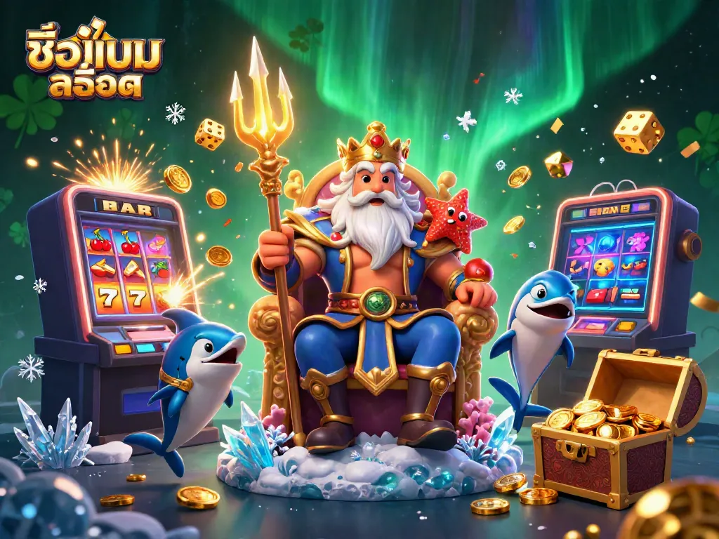 Experience excitement with "ชื่อเกมสล็อต" through vibrant casino scenes featuring character interactions and jackpot wins.