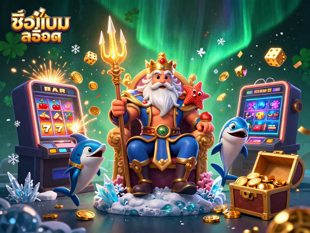 Experience excitement with "ชื่อเกมสล็อต" through vibrant casino scenes featuring character interactions and jackpot wins.