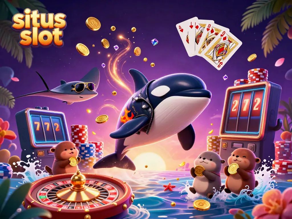 Experience the excitement of situs slot with whimsical sea creatures celebrating winnings and casino fun.