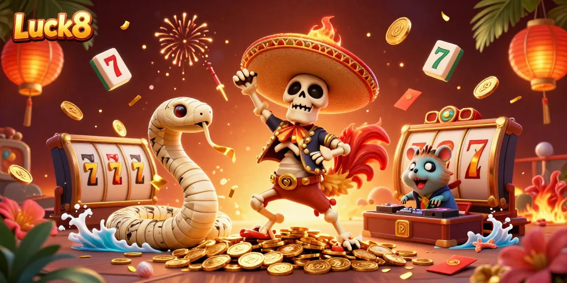 Experience epic wins at Luck8 with a dynamic casino-themed illustration featuring festive characters and gold coins.