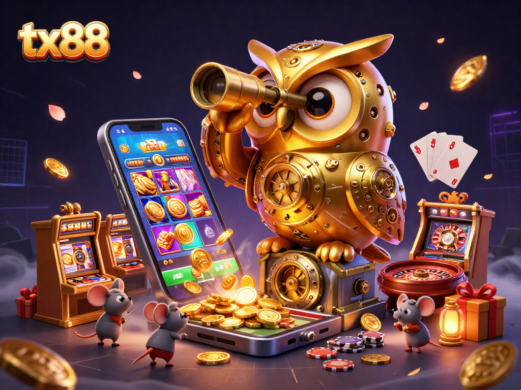 Engage with tx88's vibrant casino atmosphere featuring a clockwork owl and whimsical mice in 3D.