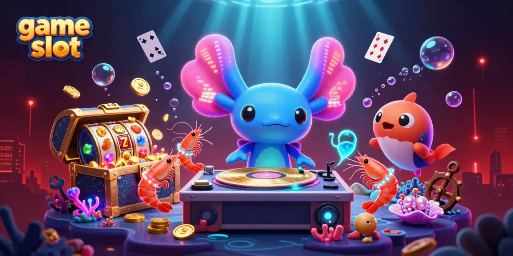 Engaging scene showcasing game slot elements with the axolotl DJ and colorful characters celebrating beyond the reels.