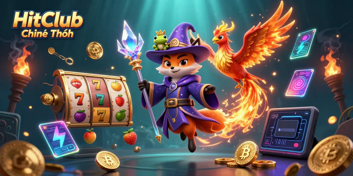 Engaging 3D fantasy scene showcasing HitClub Chính Thức with a wizard fox, phoenix, and enchanted frog, amidst thrilling slot and crypto elements.