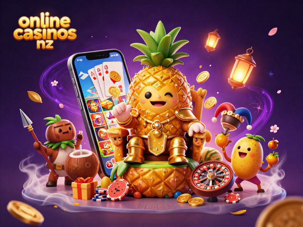Engage with top online casinos nz featuring a golden pineapple king, games, and vibrant casino elements.