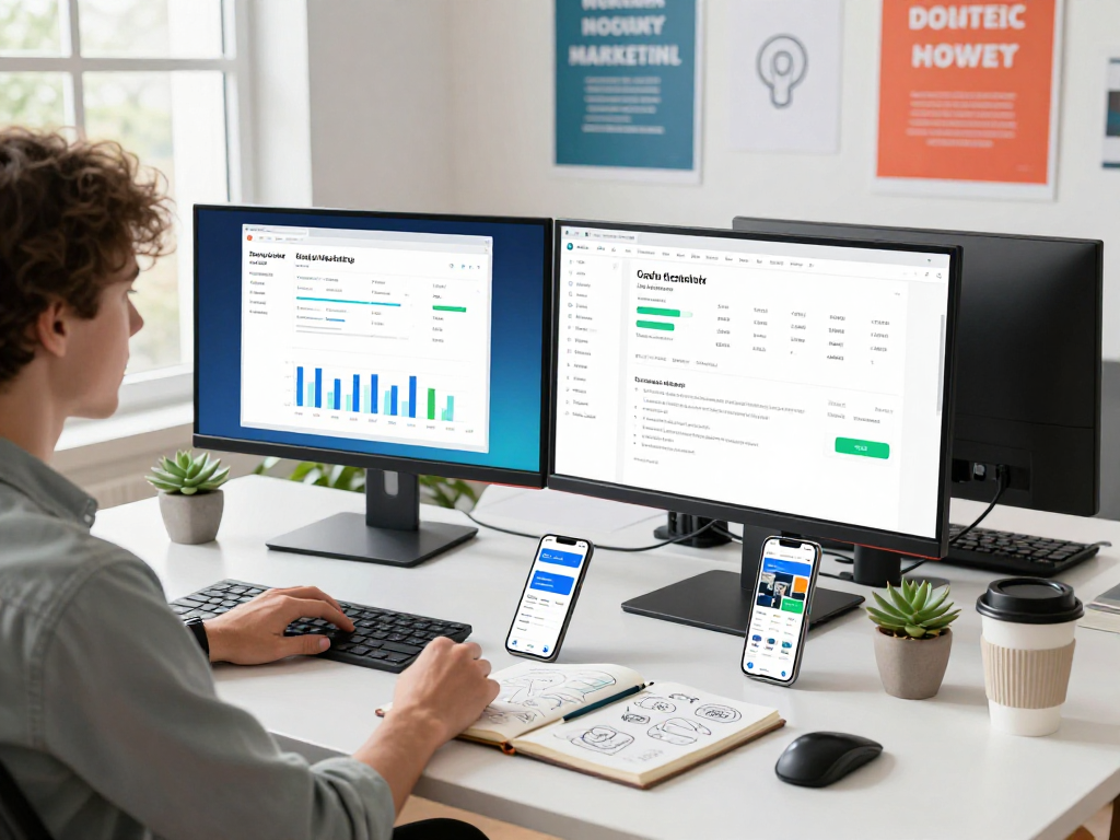 Buy app installs and app marketing strategies illustrated in a modern office setting.