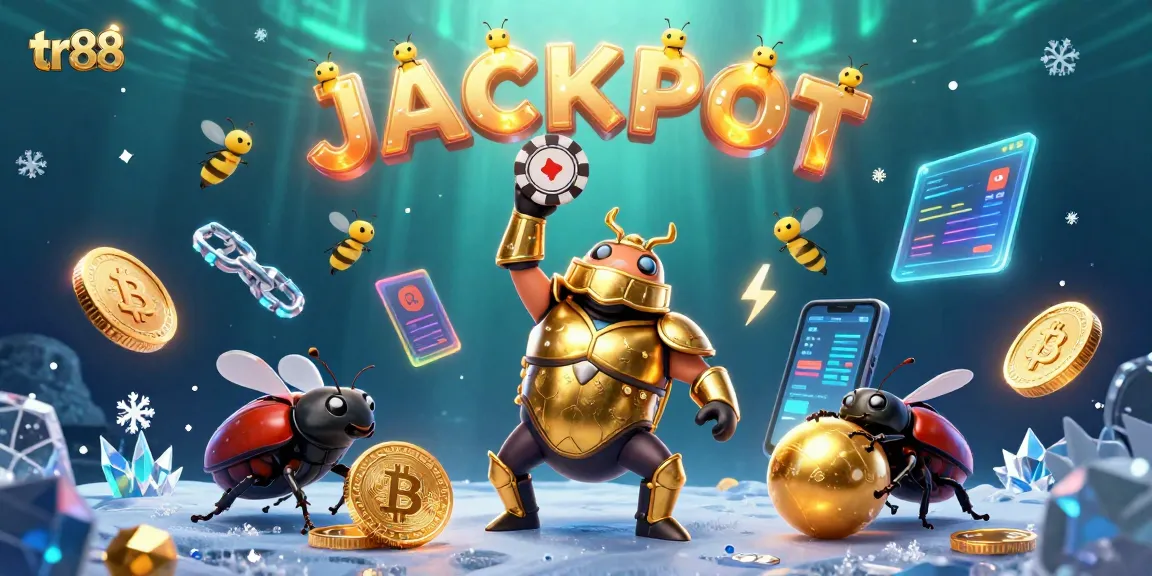 Experience the excitement of tr88 as a heroic beetle lifts a poker chip amidst a jackpot celebration.