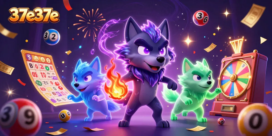Engage with 37e37e’s dynamic lottery excitement featuring wolves, colorful elements, and celebration!