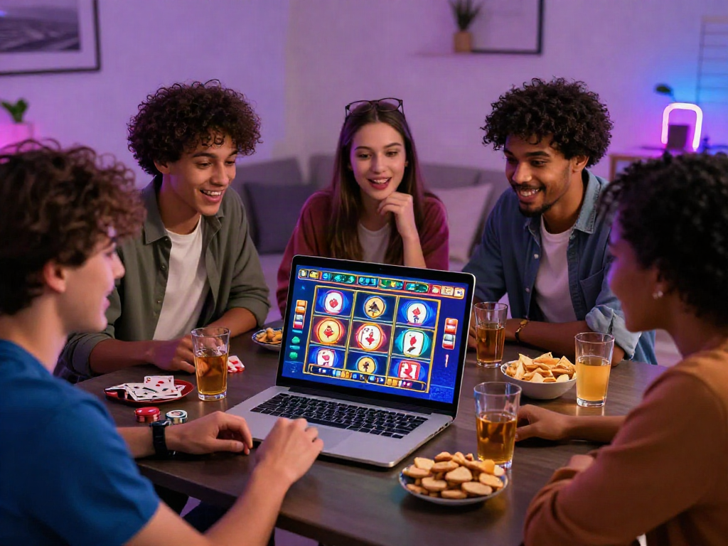 Friends enjoying casino online games on a laptop in a cozy living room