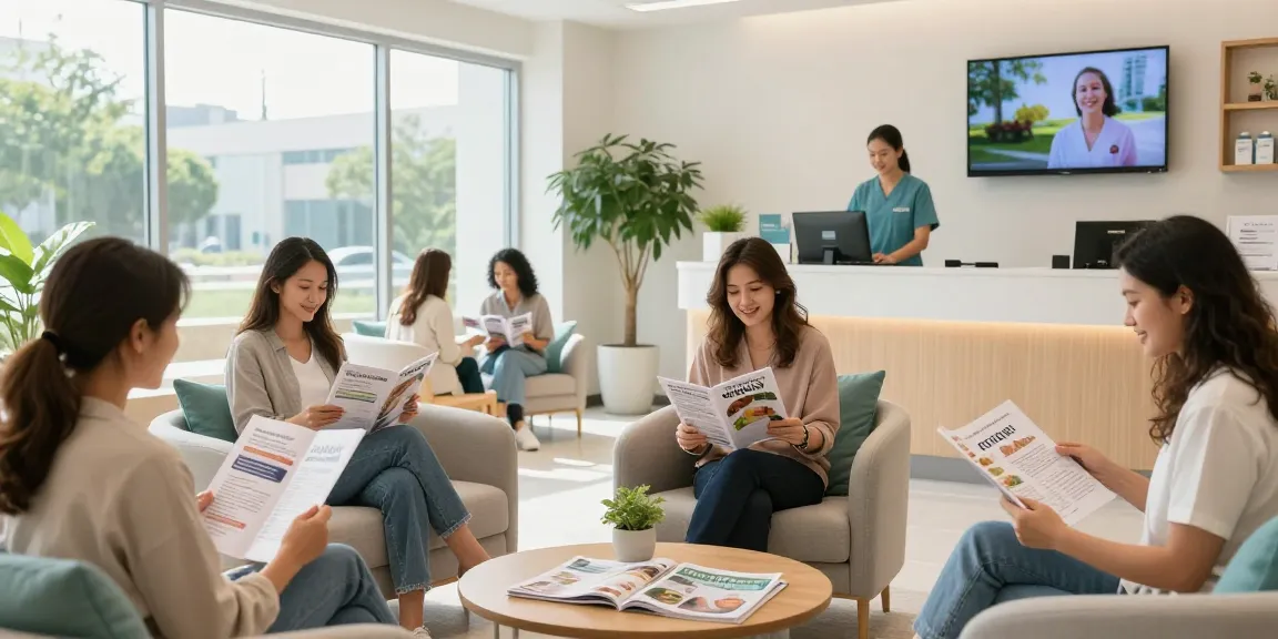 Health clinic waiting room with patients exploring wellness topics and a calming atmosphere.