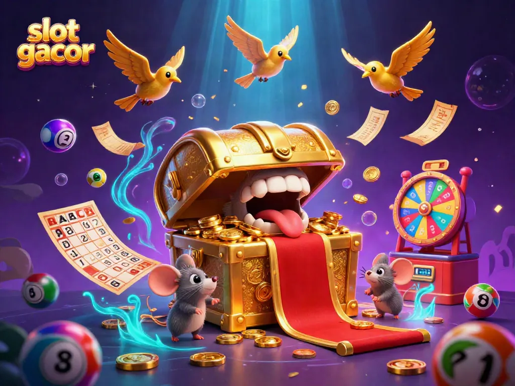 Experience slot gacor excitement with a treasure chest enticing adventurous mice in a vibrant casino scene.