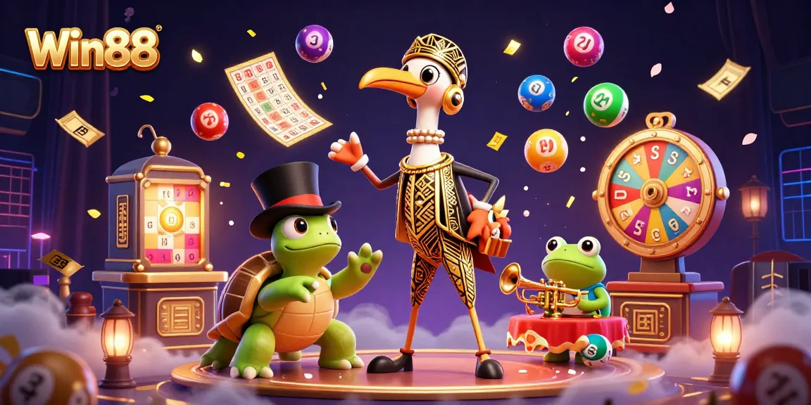Win88 brings excitement with colorful lottery balls bouncing around a lively speakeasy scene.