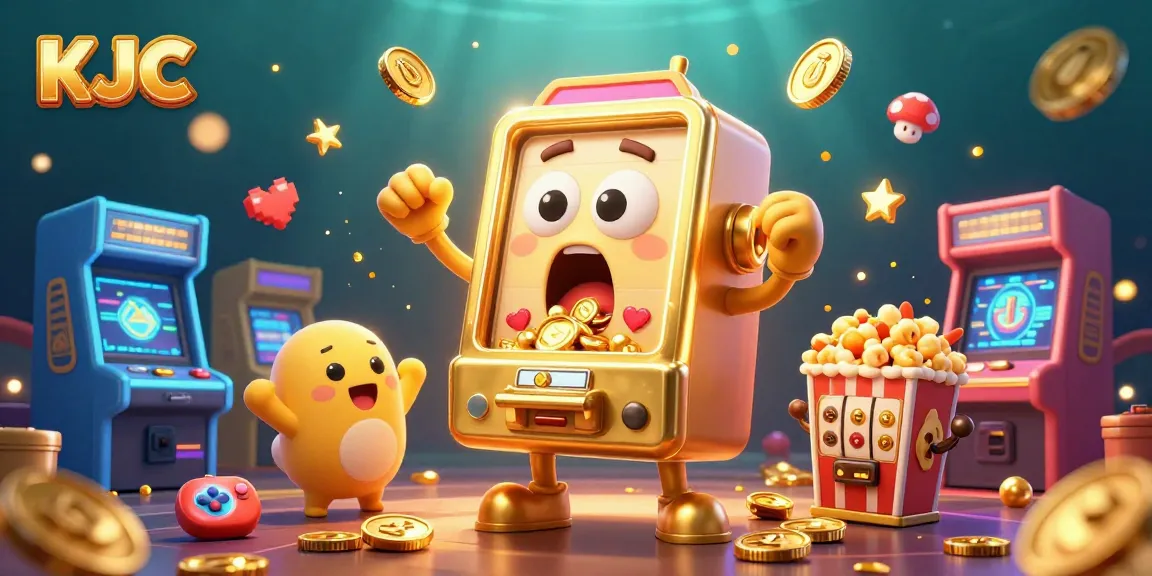 KJC showcases a vibrant online casino scene featuring a joyful slot machine hitting a jackpot amidst cheers and gold coins.
