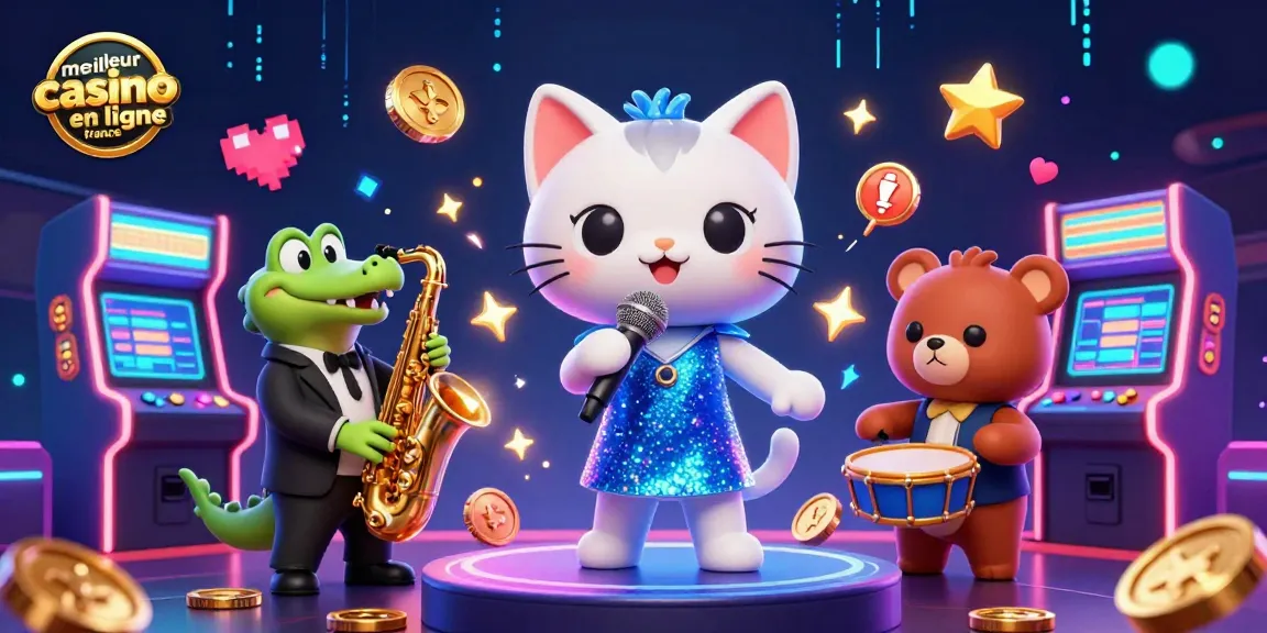 Jouer au meilleur casino en ligne France avec un chat chanteur et des éléments de jeu colorés.