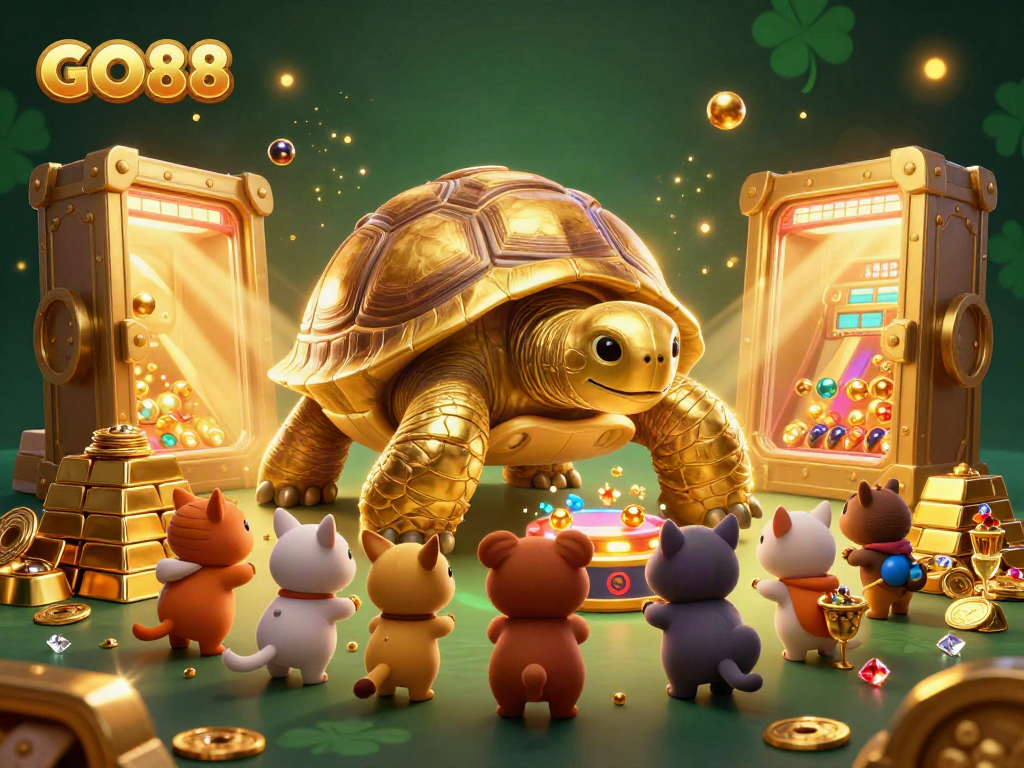 Experience the thrilling gameplay of GO88 with colorful creatures and golden treasures in a vibrant casino scene.