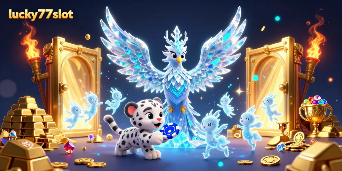 Engage in the magic of lucky77 slot with vibrant 3D illustration of a phoenix and ice sprites.
