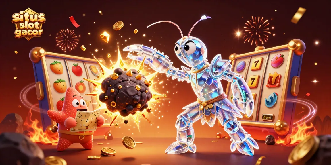 Engage with situs slot gacor as a galactic shrimp battles an asteroid amidst exploding gems and dynamic slot reels.