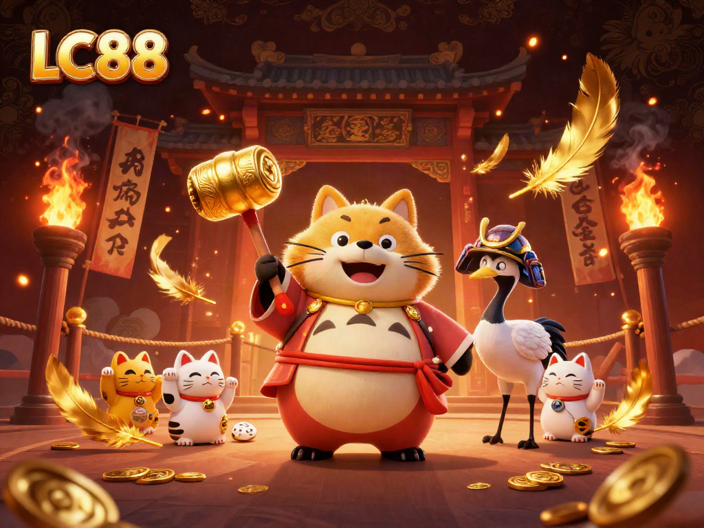 Engage with LC88's vibrant online casino atmosphere featuring cheerful tanuki and fortune cats.
