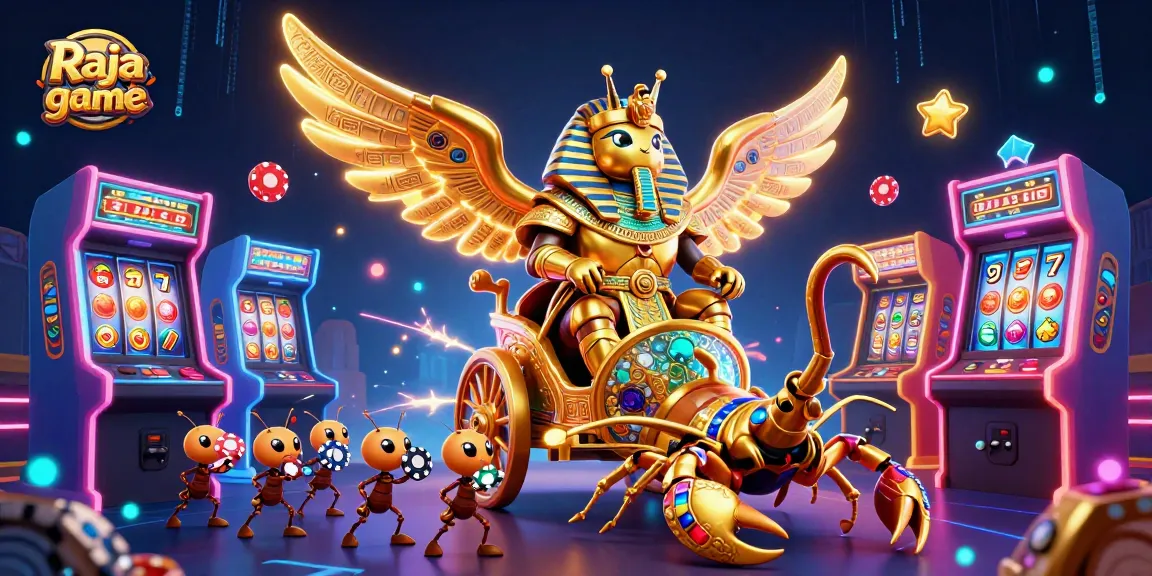 Engage with thrilling Raja game adventures featuring a colossal scarab beetle, scorpions, and casino game elements.