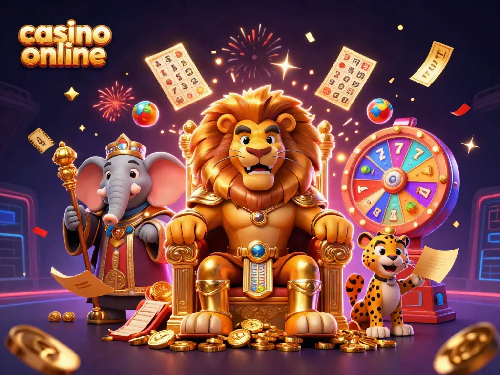 Juega en el casino online mientras una lluvia de dinero cae y muchos elementos de juego llenan la escena.