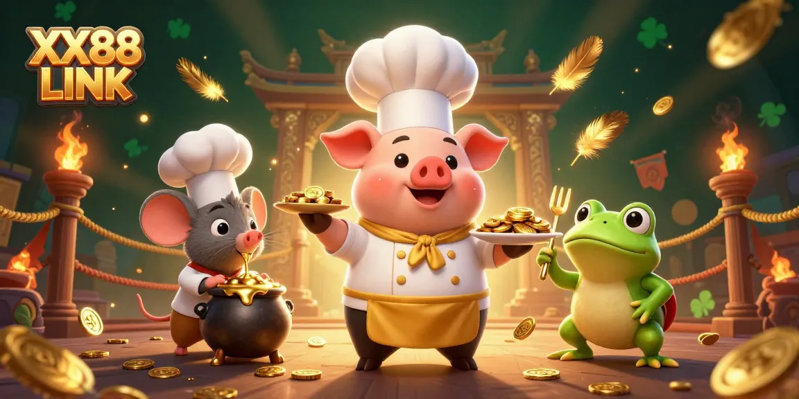 Engage with the vibrant XX88 LINK scene featuring a whimsical chef pig presenting gold coins amidst a lively casino backdrop.