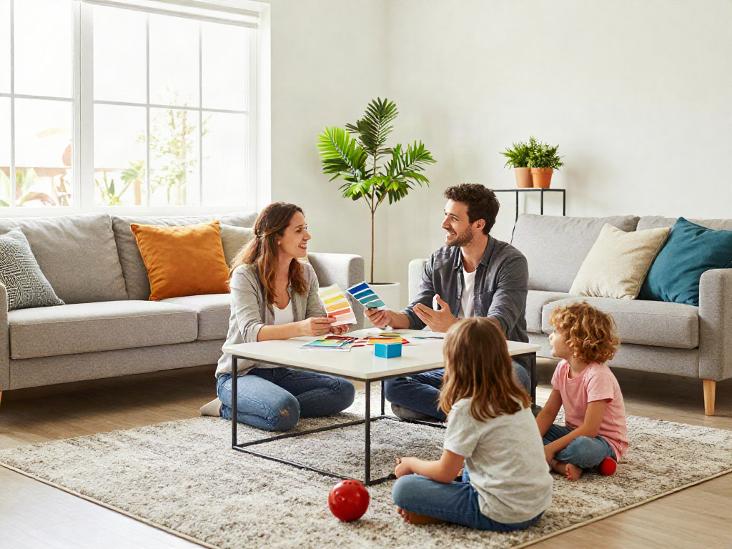 House remodeling luxury living room with family enjoying their space.