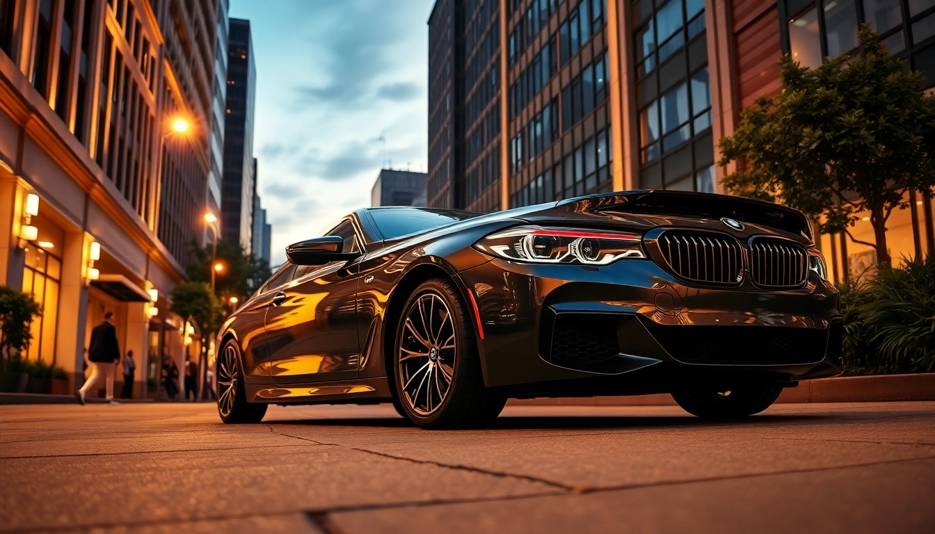 Showcasing a luxury BMW car parked elegantly in a modern cityscape.