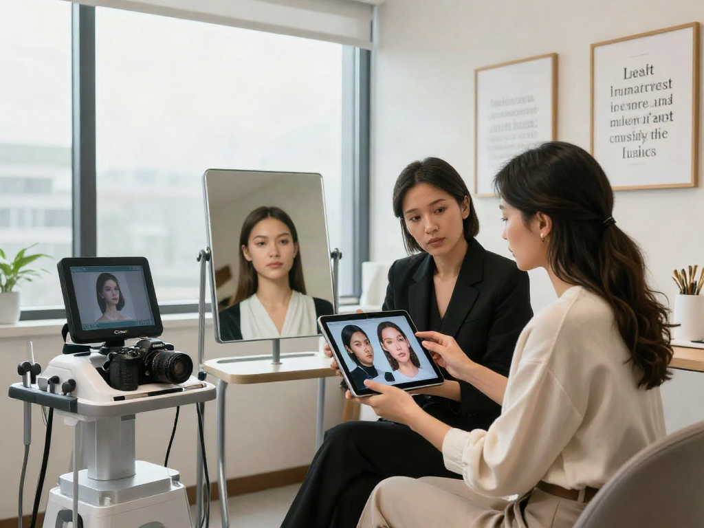 ClinicEvo cheaper than QOVES showcasing personalized facial analysis results in a bright consultation room.