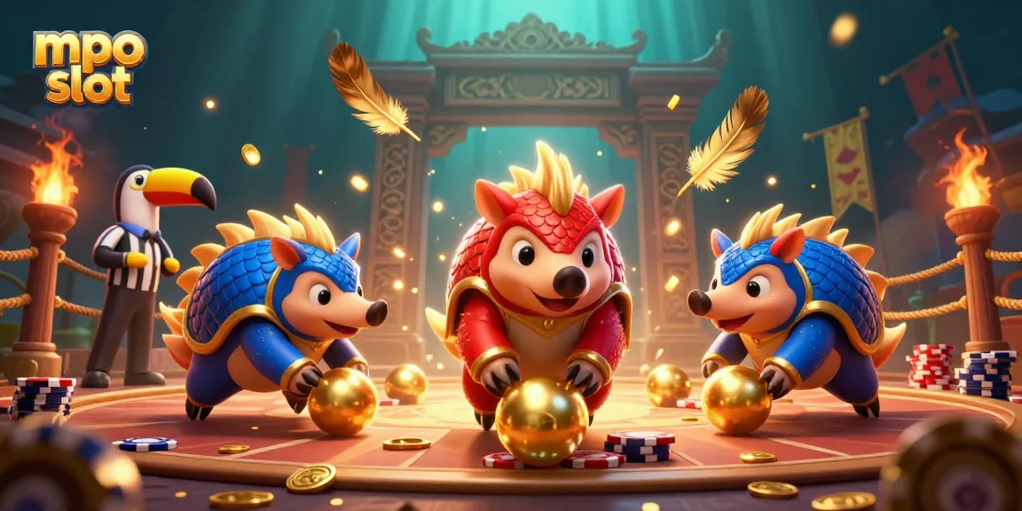 Experience mpo slot excitement with rival pangolins and poker chips in a vibrant gaming arena.
