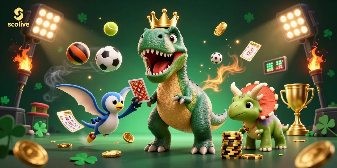 Socolive showcases a thrilling gaming scene with a cheerful dinosaur trying to shuffle cards, capturing sports betting excitement.
