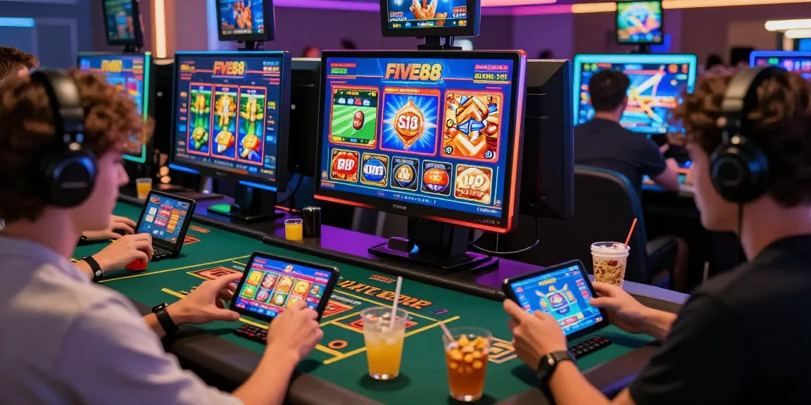 Friends playing on the FIVE88 platform, showcasing engaging casino games and vibrant social atmosphere.