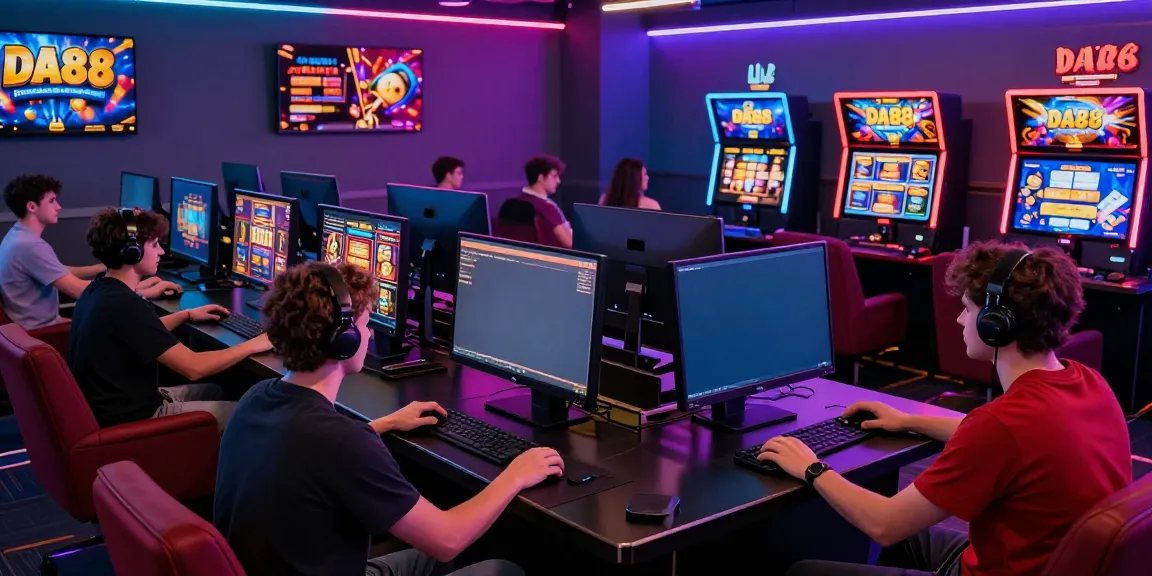 Engaged players enjoying DA88 slot games in a vibrant gaming lounge.