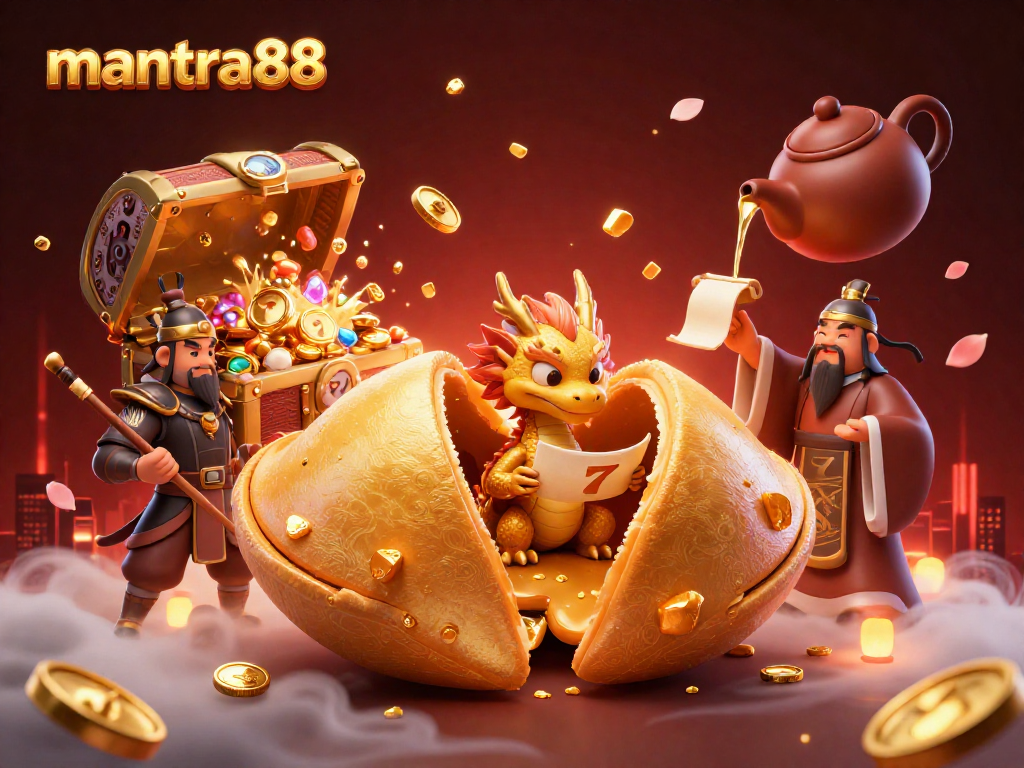 Experience the excitement of mantra88 as fortune cookies and dragon guardians celebrate big wins in this vibrant casino scene.