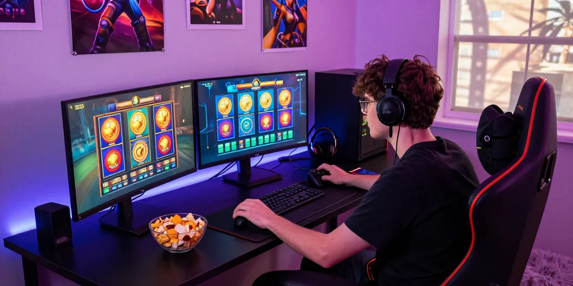Engaging user playing slot gacor games on multiple screens in a vibrant gaming setup.