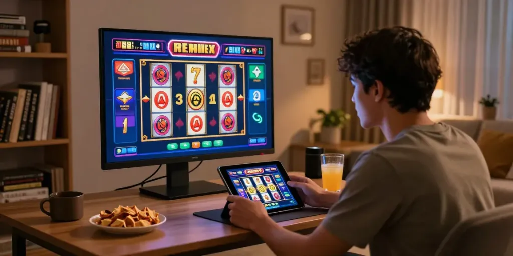 Player enjoying a digital slot resmi game on tablet in a cozy home setting with snacks and warm lighting.