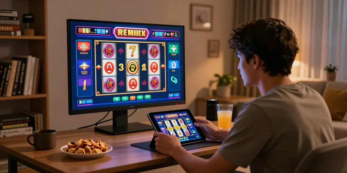 Player enjoying a digital slot resmi game on tablet in a cozy home setting with snacks and warm lighting.